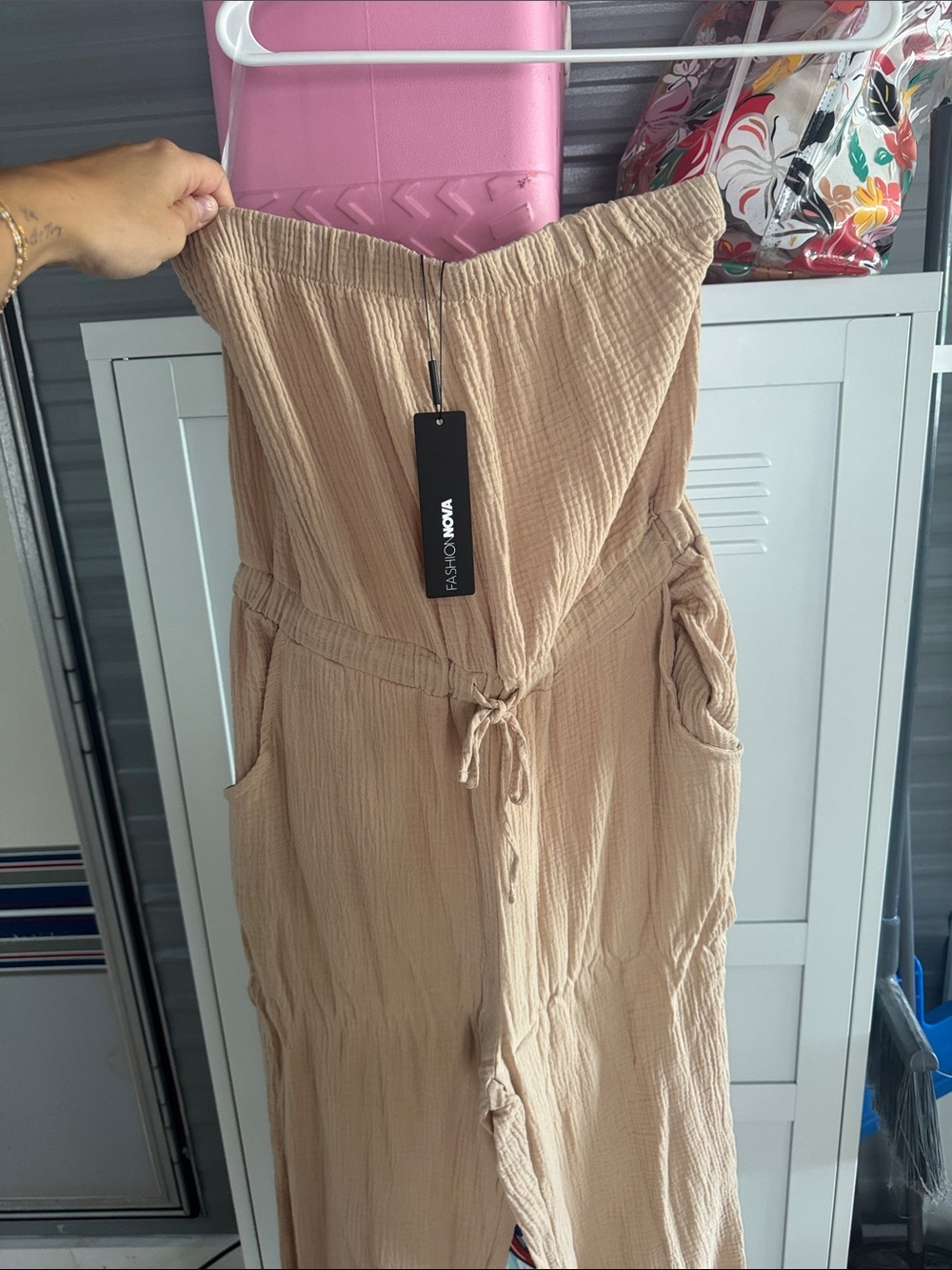 Fashion Nova Beige Strapless Drawstring Jumpsuit